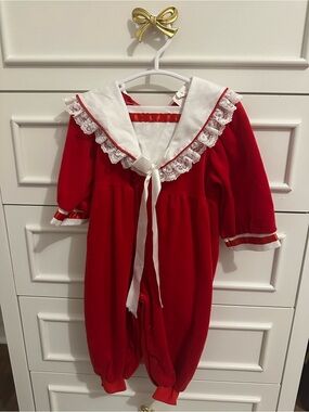 Vintage Fancy Pants Red Christmas Baby Romper 18M Sailor Collar Holiday Outfit